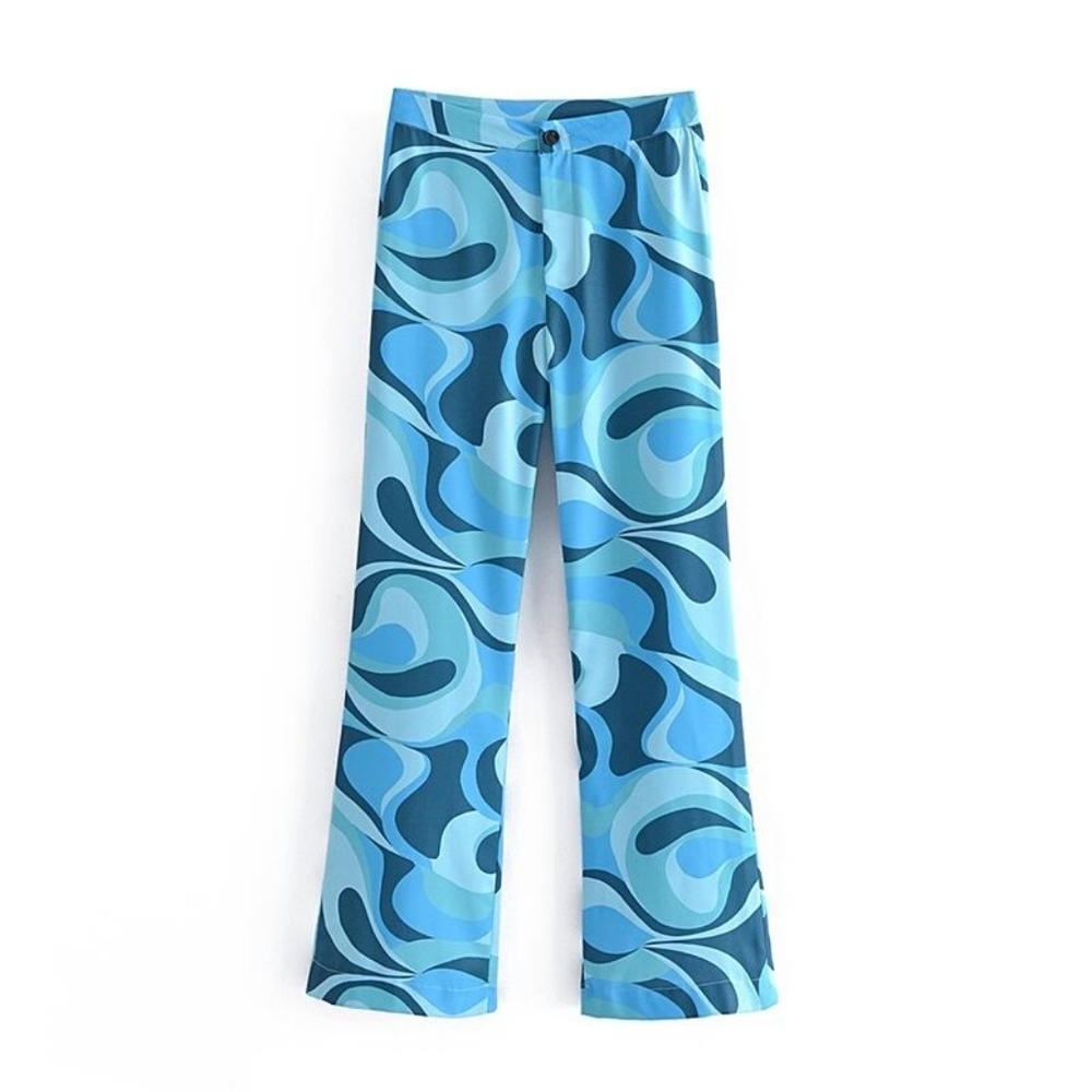 Zara Groovy Safia Neon Swirl Print Blue Patterned Women's Pants Size Medium NWT